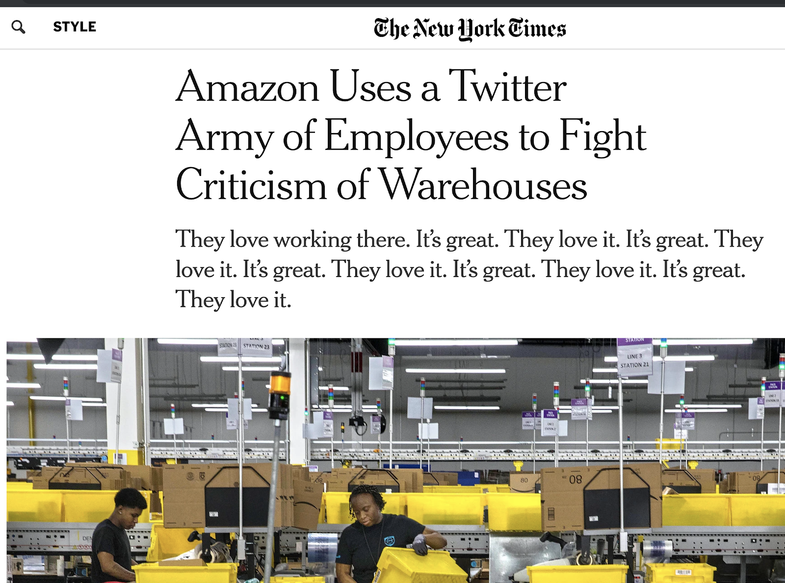 Headline of NYT article on Amazon warehouse disinformation campaign
