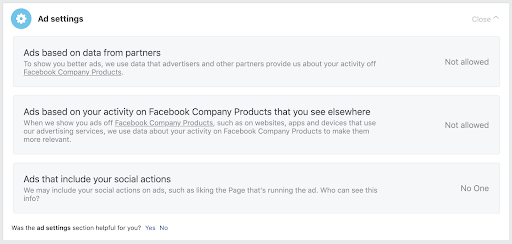 The Facebook ad personalization switches turned off