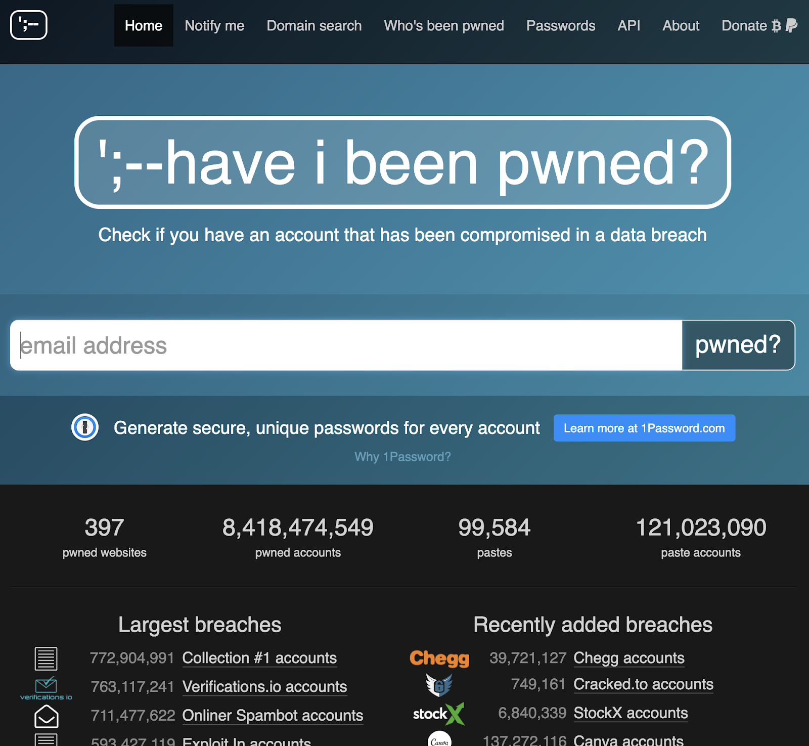 Have I Been Pwned website screenshot