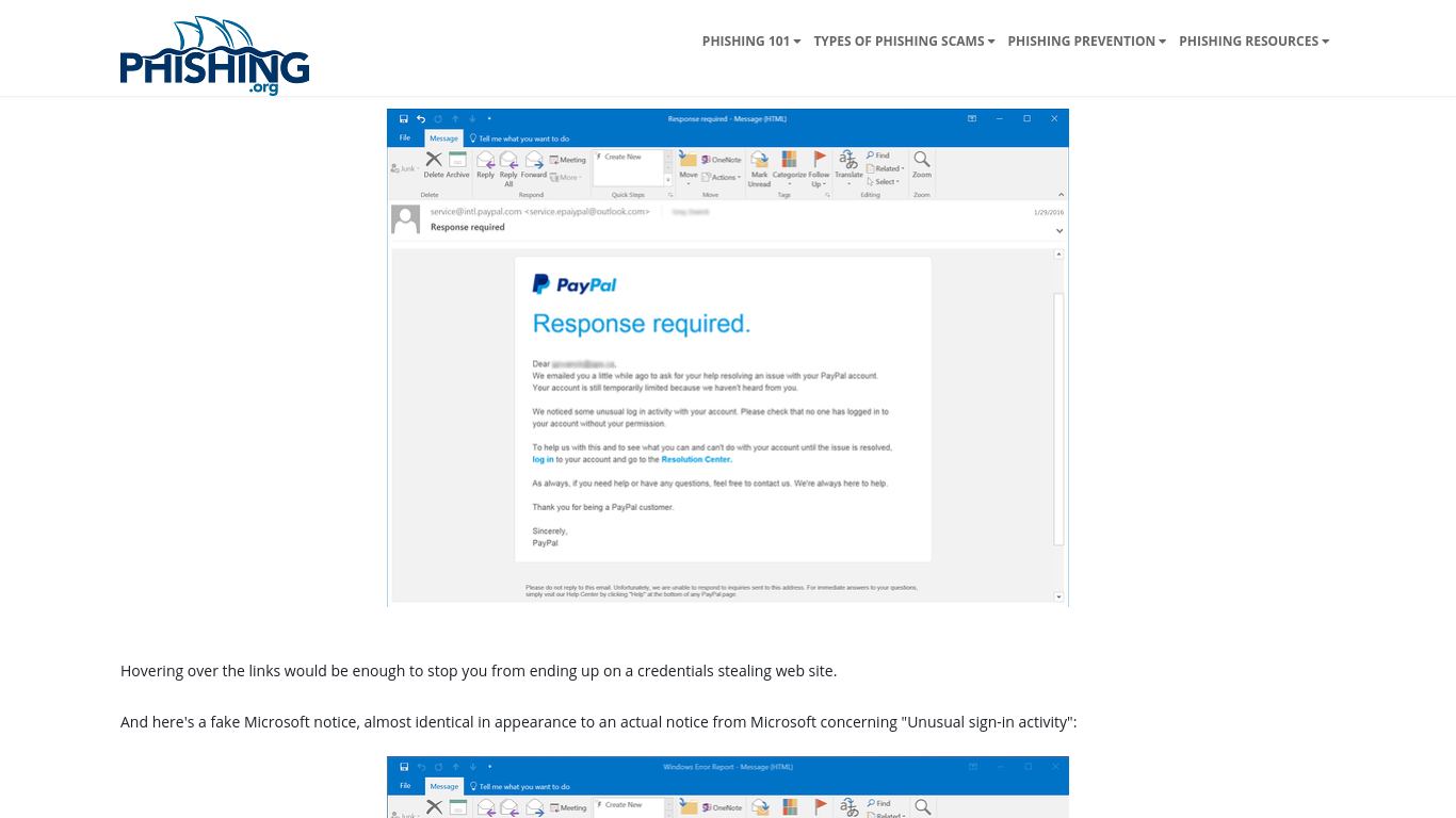 Image of an example phishing email that looks like a PayPal notification