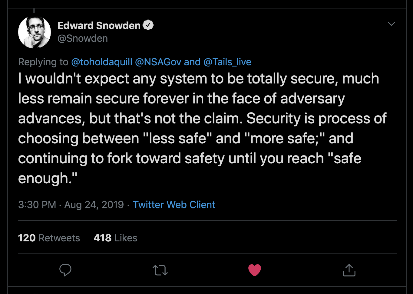 Edward Snowden tweet about security trade-offs