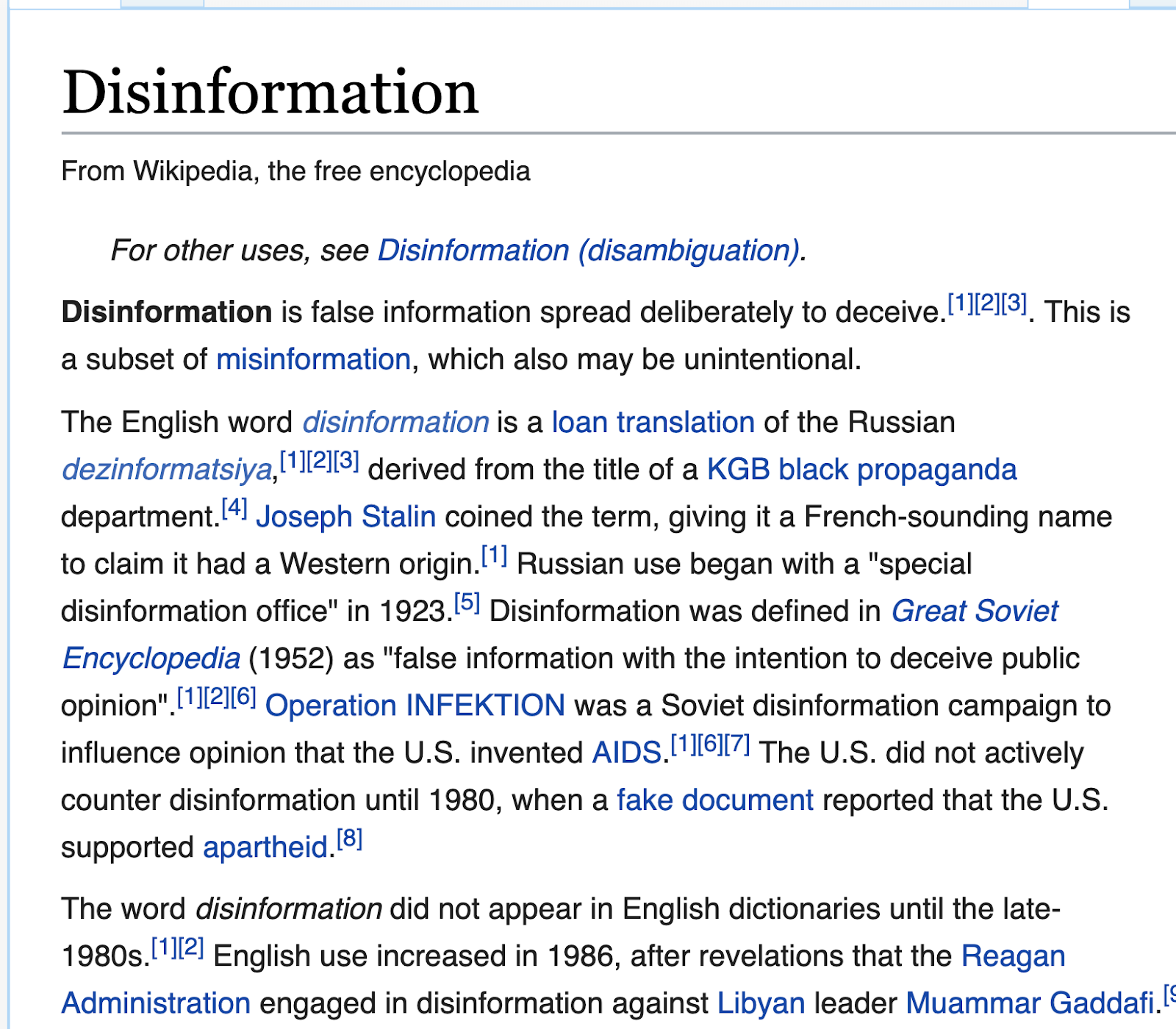 Excerpt from the Wikipedia article on Disinformation